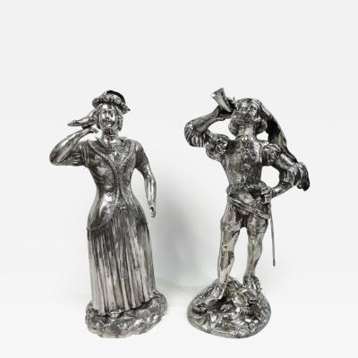 Pair of Large Antique German Silver Renaissance Hunting Figures