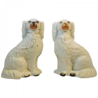 Pair of Large Antique Staffordshire Pottery King Charles Spaniels
