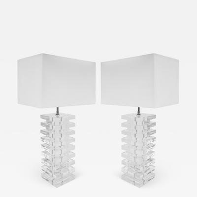 Pair of Large Artisan Table Lamps in Stacked Slabs of Lucite 1970s