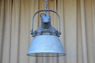Pair of Large Cast Iron Aluminum and Glass Industrial Hanging Lights