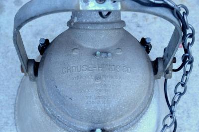 Pair of Large Cast Iron Aluminum and Glass Industrial Hanging Lights