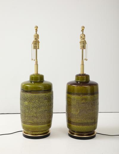 Pair of Large Ceramic Lamps With A wonderful Textured Moss Glaze Finish 