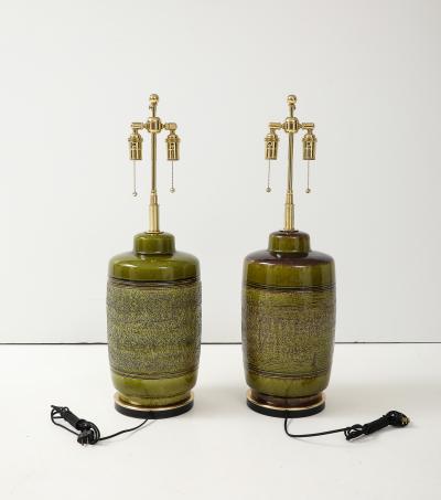 Pair of Large Ceramic Lamps With A wonderful Textured Moss Glaze Finish 