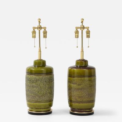 Pair of Large Ceramic Lamps With A wonderful Textured Moss Glaze Finish 