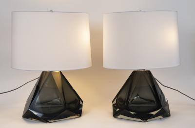 Pair of Large Diamond Faceted Grey Lamps Contemporary