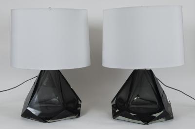 Pair of Large Diamond Faceted Grey Lamps Contemporary