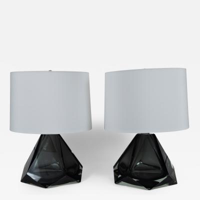 Pair of Large Diamond Faceted Grey Lamps Contemporary