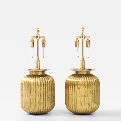 Pair of Large Fluted Aged Brass Lamps 
