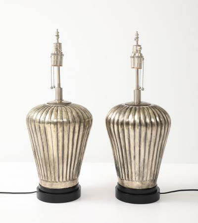 Pair of Large Fluted Metal Lamps with an Antiqued Silvered Finish 