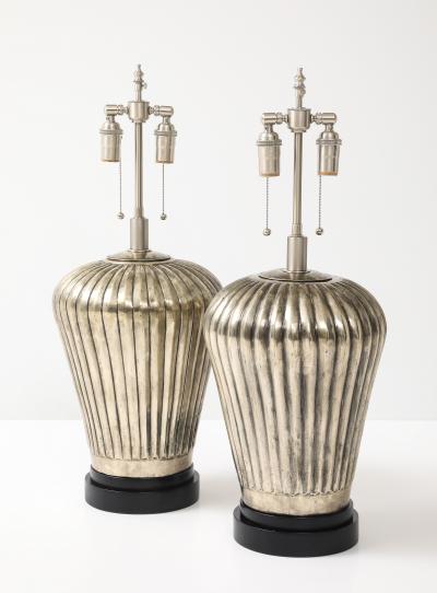 Pair of Large Fluted Metal Lamps with an Antiqued Silvered Finish 