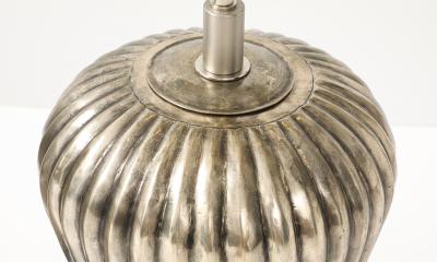 Pair of Large Fluted Metal Lamps with an Antiqued Silvered Finish 
