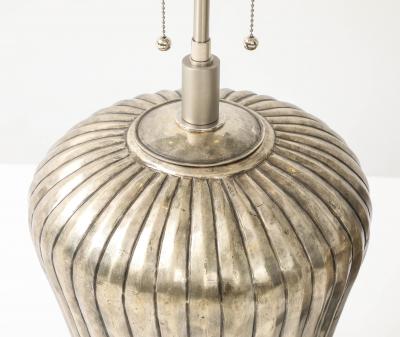 Pair of Large Fluted Metal Lamps with an Antiqued Silvered Finish 