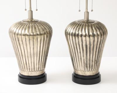Pair of Large Fluted Metal Lamps with an Antiqued Silvered Finish 