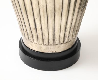 Pair of Large Fluted Metal Lamps with an Antiqued Silvered Finish 
