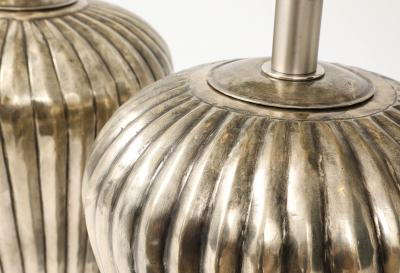 Pair of Large Fluted Metal Lamps with an Antiqued Silvered Finish 