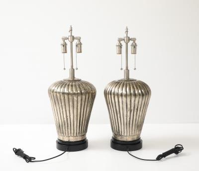 Pair of Large Fluted Metal Lamps with an Antiqued Silvered Finish 