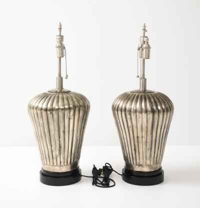 Pair of Large Fluted Metal Lamps with an Antiqued Silvered Finish 
