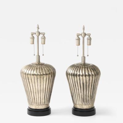 Pair of Large Fluted Metal Lamps with an Antiqued Silvered Finish 