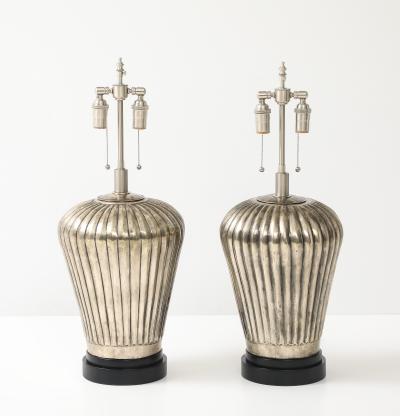 Pair of Large Fluted Metal Lamps with an Antiqued Silvered Finish 