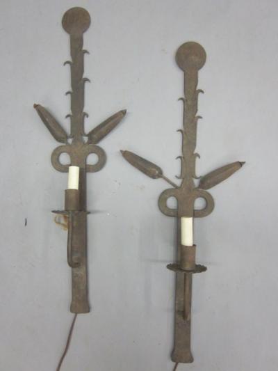 Pair of Large French Art Deco Sconces in Wrought Iron 1930