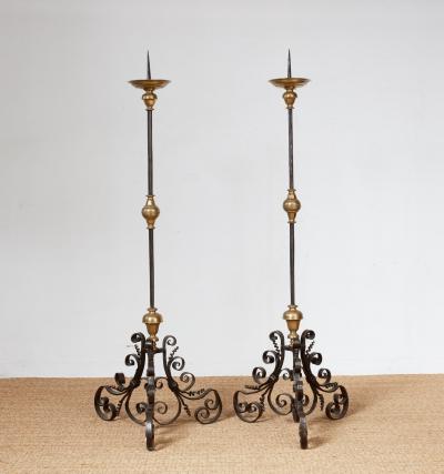 Pair of Large Iron and Bronze Torcheres