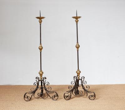 Pair of Large Iron and Bronze Torcheres