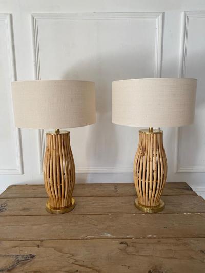Pair of Large Italian Brass Bamboo Table Lamps