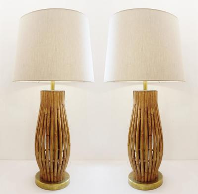 Pair of Large Italian Brass Bamboo Table Lamps