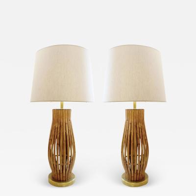 Pair of Large Italian Brass Bamboo Table Lamps