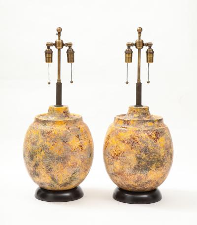 Pair of Large Italian Ceramic Lamps with a Scavo Glazed Finish 