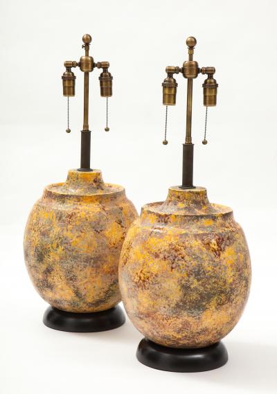 Pair of Large Italian Ceramic Lamps with a Scavo Glazed Finish 