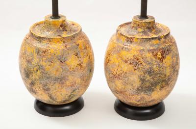 Pair of Large Italian Ceramic Lamps with a Scavo Glazed Finish 