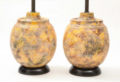 Pair of Large Italian Ceramic Lamps with a Scavo Glazed Finish 