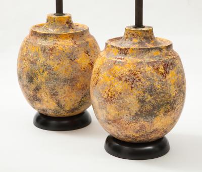 Pair of Large Italian Ceramic Lamps with a Scavo Glazed Finish 