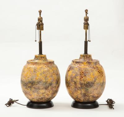 Pair of Large Italian Ceramic Lamps with a Scavo Glazed Finish 
