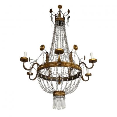 Pair of Large Italian Empire Crystal and Gilt Tole Chandeliers