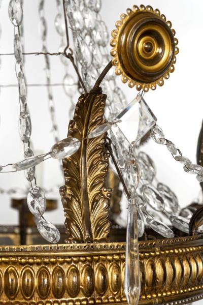 Pair of Large Italian Empire Crystal and Gilt Tole Chandeliers