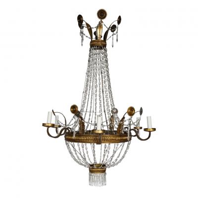 Pair of Large Italian Empire Crystal and Gilt Tole Chandeliers