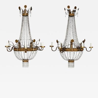 Pair of Large Italian Empire Crystal and Gilt Tole Chandeliers