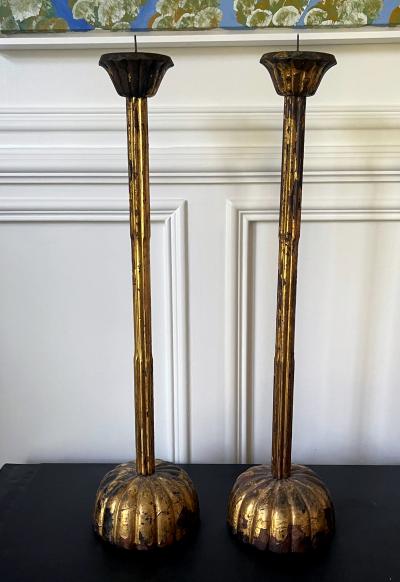 Pair of Large Japanese Carved Wood Temple Candle Stickers Edo Period