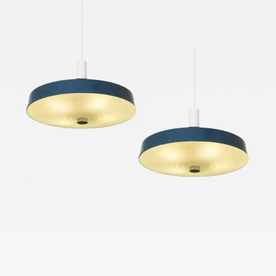 Pair of Large Mid Century Pendant Lamps in Painted Metal and Opaline Glass 1960