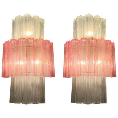 Pair of Large Pink and Clear Murano Glass Sconces or Wall Lights 1990