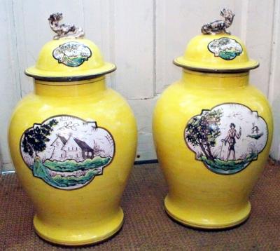 Pair of Large Quimper Style Hand Painted Lidded Jars