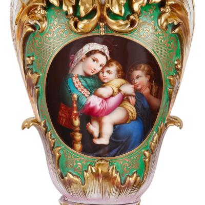 Pair of Large Rococo Porcelain Vases with Painted Madonnas