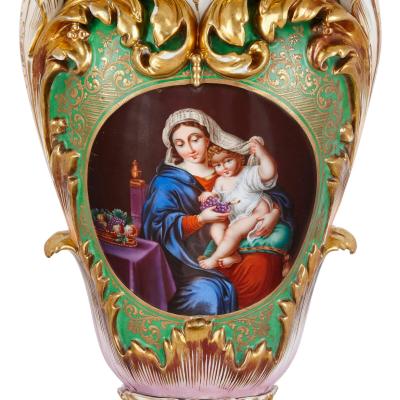 Pair of Large Rococo Porcelain Vases with Painted Madonnas