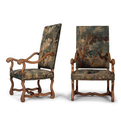 Pair of Large Scale Armchairs Upholstered in Antique Tapestry