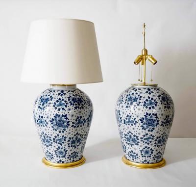 Pair of Large Scale Blue and White Dutch Delft Vase Table Lamps circa 1850