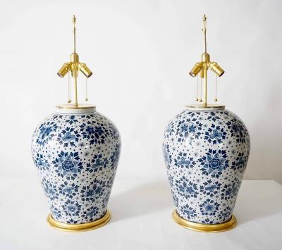 Pair of Large Scale Blue and White Dutch Delft Vase Table Lamps circa 1850