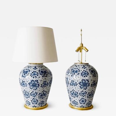 Pair of Large Scale Blue and White Dutch Delft Vase Table Lamps circa 1850