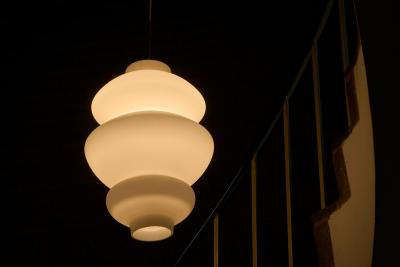 Pair of Large Sculptural Mid Century Pendant Lamps in Opaline Glass 1960